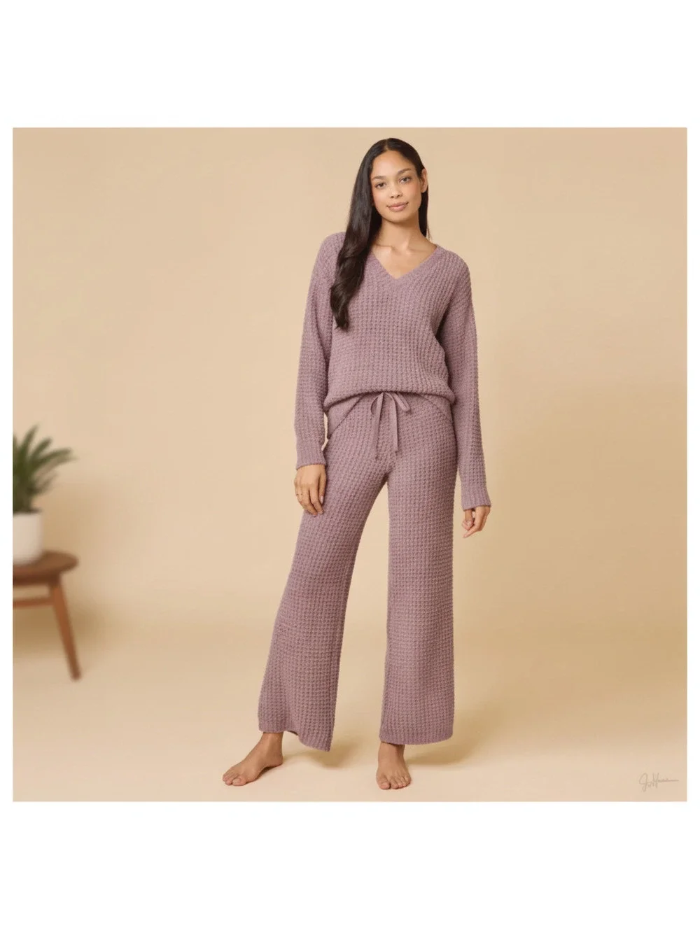 SOFTIES (NWT) - Waffle Marshmallow V-Neck Luxe Lounge Set - Driftwood - Size L